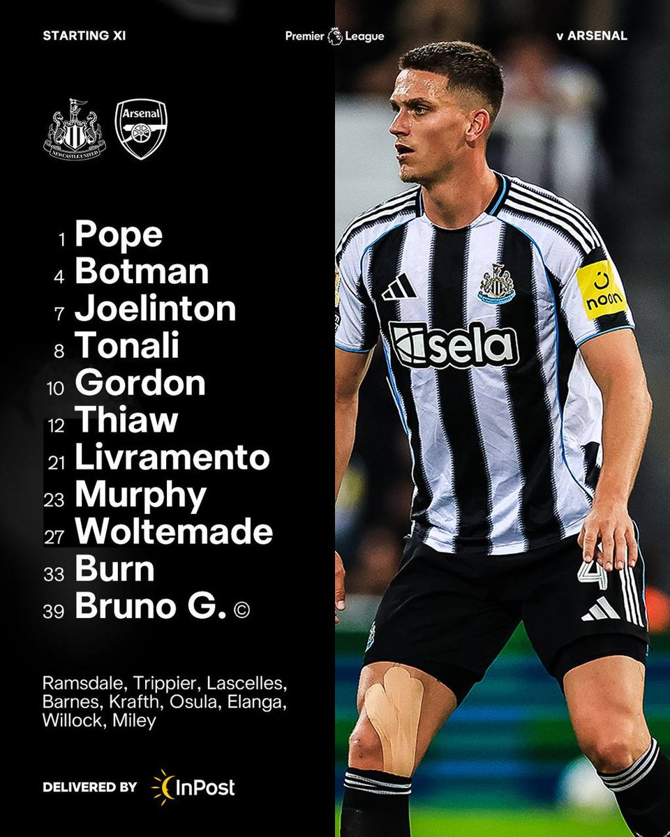 CodePharm_eth's tweet image. Lineups  #NEWARS

Newcastle XI: Pope; Livramento, Botman, Thiaw, Burn; Joelinton, Bruno Guimaraes, Tonali; Murphy, Woltemade, Gordon. 

Arsenal XI: Raya; Timber, Gabriel, Mosquera, Calafiori; Eze, Zubimendi, Rice; Saka, Gyokeres, Trossard.