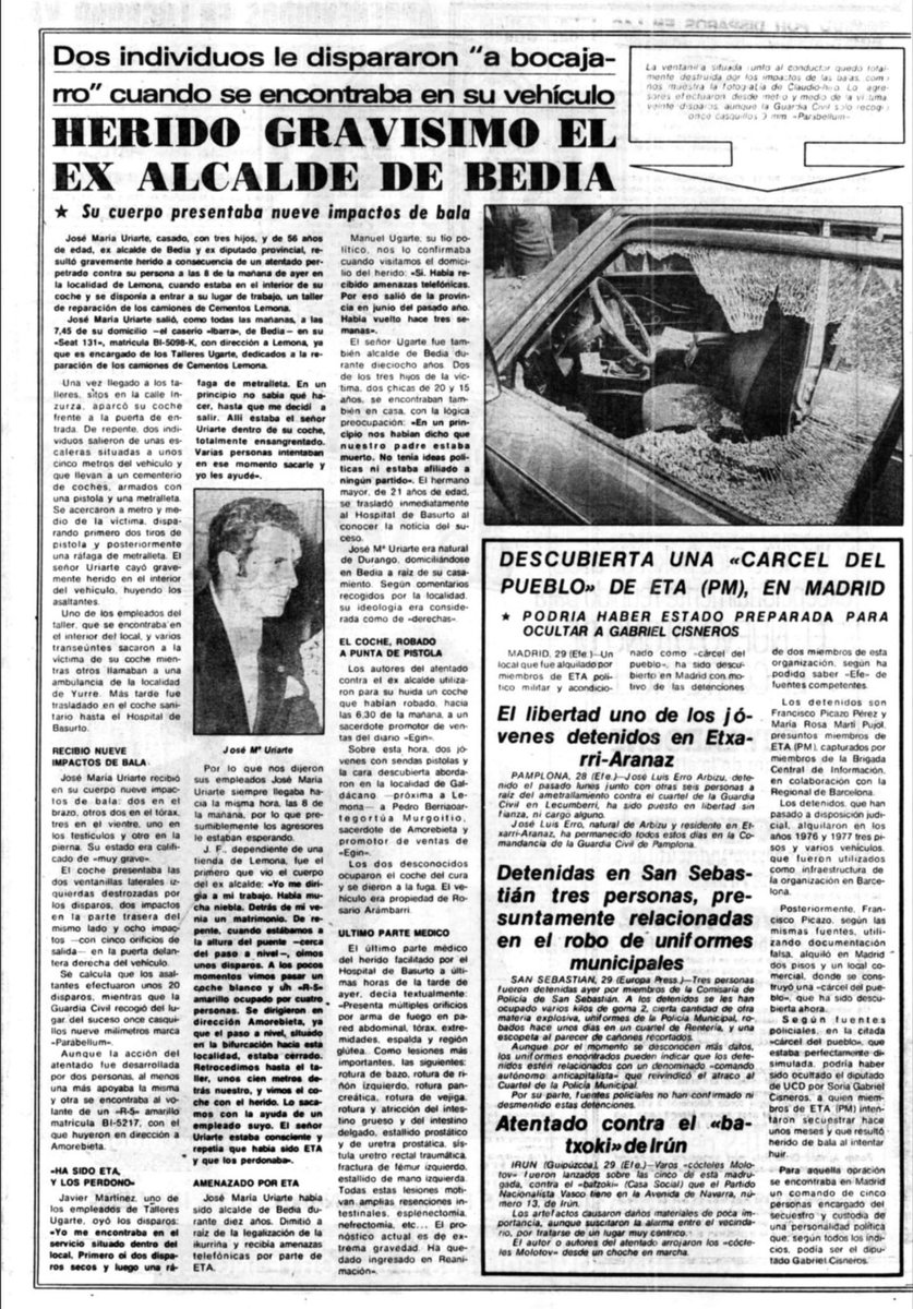 MemorialVT's tweet photo. 29/09/1979. Lemona. Se cumplen 46 años del atentado de ETA-m contra el exalcalde de #Bedia y fundador de Alianza Popular en Vizcaya @PPBizkaia @PPVasco LUIS MARÍA URIARTE ALZAA. Resultó herido grave y falleció el 5 de octubre. Transterrado, había vuelto por unos días. https://t.co/vWewU6u2KY