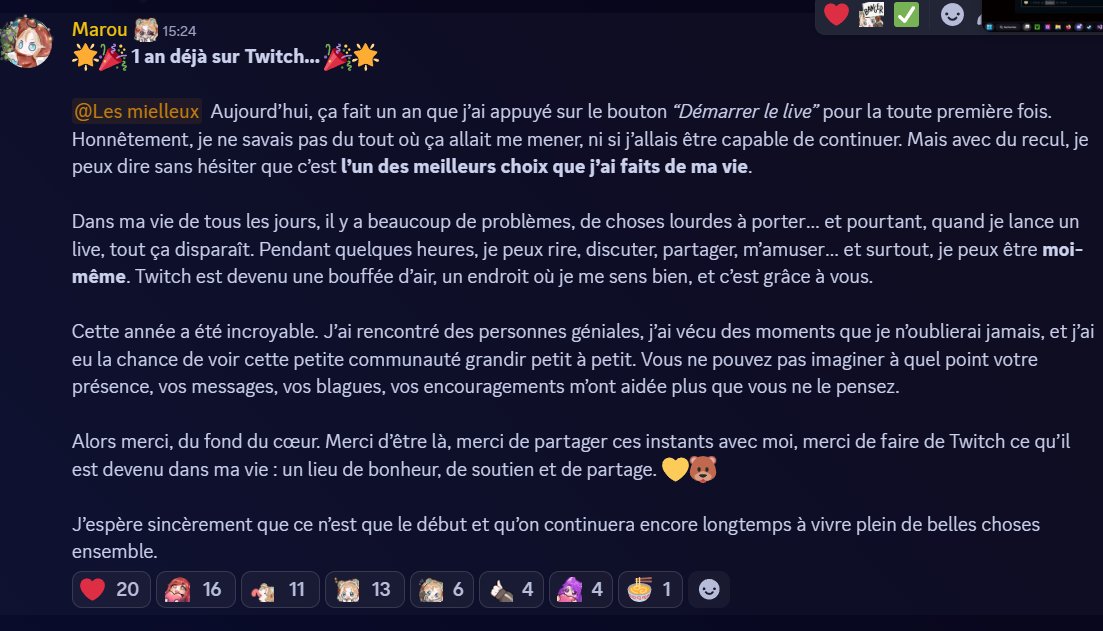 🎉✨ 1 an sur Twitch ✨🎉
C’est sûrement le meilleur choix que j’ai fait. Malgré les galères du quotidien, Twitch m’a permis de rire, partager et oublier mes problèmes. 🐻💛
Merci pour cette année incroyable, et que ça continue 💫

#vtuber #vtuberfr