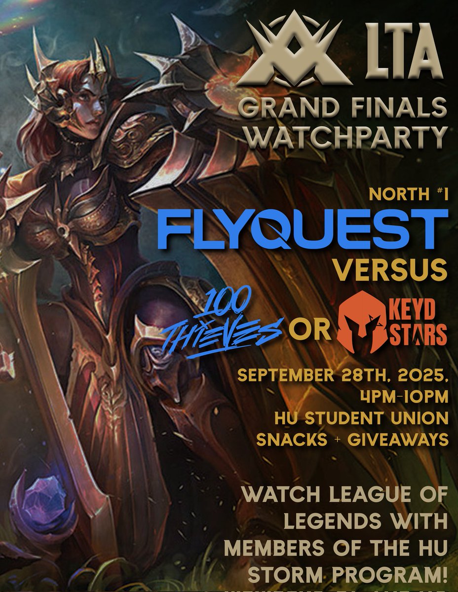 HUStormEsports's tweet photo. We're hosting a @LTANorth Grand Finals watch party in the HU Student Union today at 4PM!

Come on out for snacks, giveaways, and great gameplay⚡ https://t.co/WHt1k7LNqr