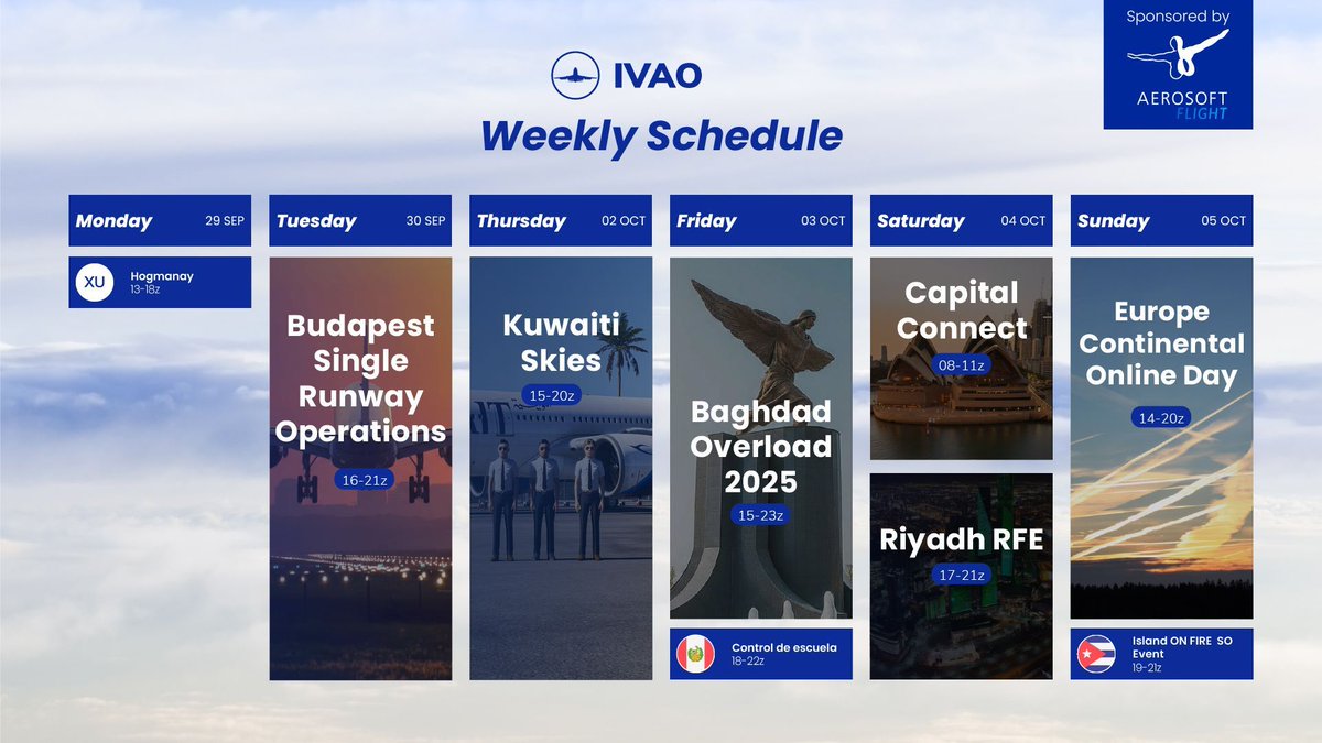 🌍 Weekly Event Schedule 🌍 

Don’t miss out on the fun and excitement - check the event calendar and pick the flights that interest you the most! See you in the virtual skies! ⛅ ✈️