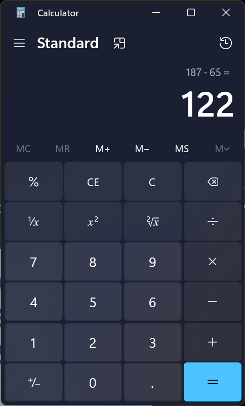 deman2k's tweet photo. Bug in Calculator app in Windows 11 25H2? 187 minus 65 returns 122. https://t.co/bKlzCuk3Pr