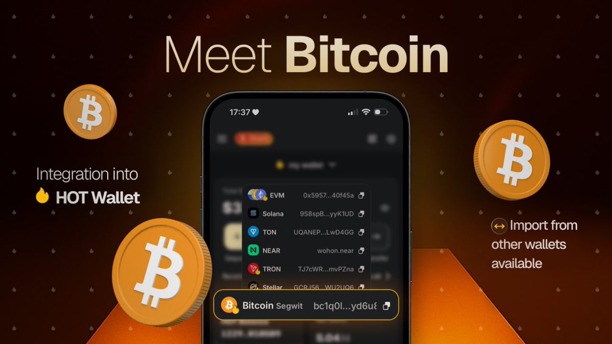 ⚡️Meet Bitcoin in HOT Wallet⚡️

Cross-chain bridges via <a href="/NEARProtocol/">NEAR Protocol</a> Intents and <a href="/lifiprotocol/">LI.FI</a>, SegWit addresses, import from other wallets, speed up $BTC transactions are now live in HOT Wallet 🔥