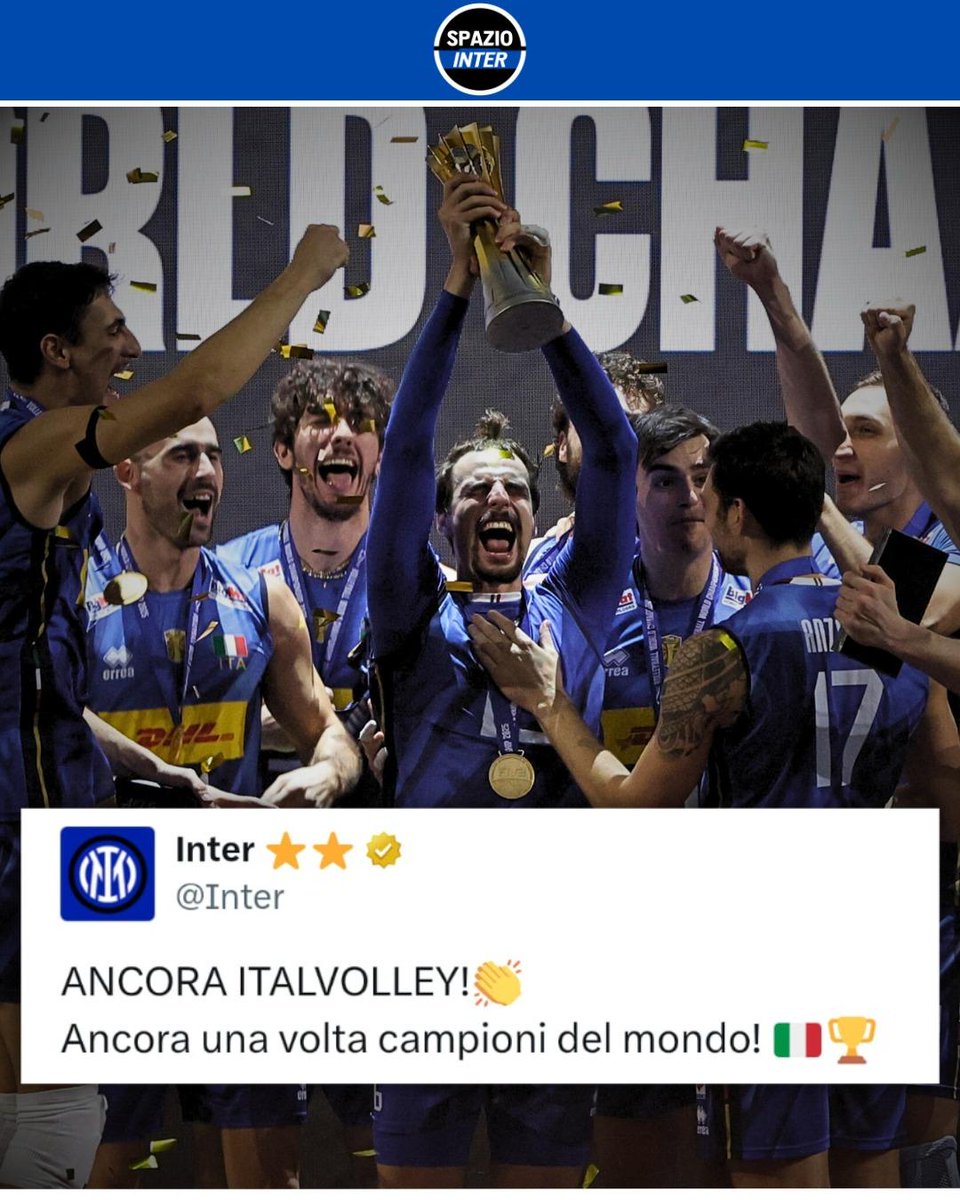 SpazioInter's tweet image. L&apos;ITALVOLLEY È CAMPIONE DEL MONDO! 🏆🌎

L&apos;Italia trionfa contro la Bulgaria e conquista il secondo Mondiale di fila✌️🇮🇹

Tra i protagonisti anche tre grandi cuori nerazzurri: il capitano Gianelli, Yuri Romanò e Alessandro Michieletto 💙🖤

#Italvolley #Inter #SpazioInter