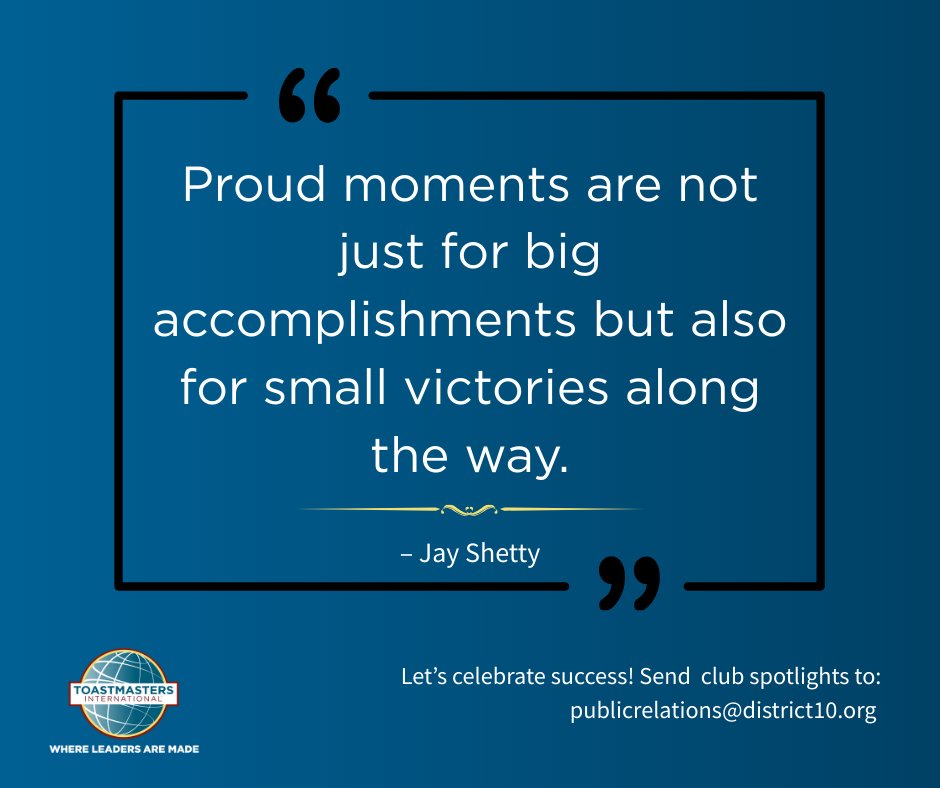 District 10 wants to shine a spotlight on your club’s successes and member milestones! 📷

📷 Send your stories, photos, and event details to publicrelations@district10.org

Let’s celebrate the power of progress, one speech at a time! 📷📷