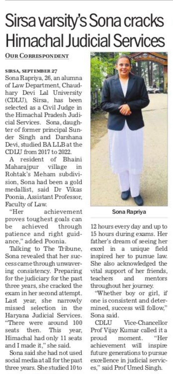 Anilkakkar07's tweet image. #Sirsa varsity’s Sona cracks #HimachalJudicialServices 

Report by #AnilKakkar for @thetribunechd #Judiciary #IndianJudiciary #HimachalJudiciary #Himachal #INDvPAK @cdlusirsa @CMOFFICEHP 
@Kumari_Selja @DeependerSHooda 

tribuneindia.com/news/sirsa-var…