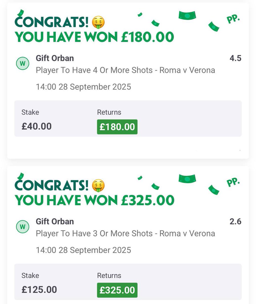 Gift Orban 3+ Shots @ 2.60 ✅

Gift Orban 4+ Shots @ 4.50 ✅

Bittersweet as Orban hits FOUR first half shots, ends on 4 shots especially having a goal ruled out at the death for handball after he headed it onto his elbow 🫠 Can’t complain with those returns though, +3.05u ✅

❤️