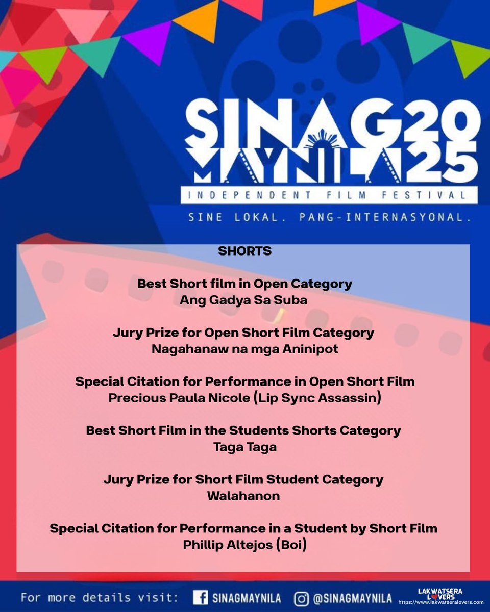 Here are the official winners of Sinag Maynila 2025! 

Congratulations to all the winners!

Catch the award-winning films until September 30 at:
Gateway Cineplex, SM Fairview, SM Mall of Asia, Trinoma, Market! Market!, Robinsons Manila, and Robinsons Antipolo.

#SinagMaynila