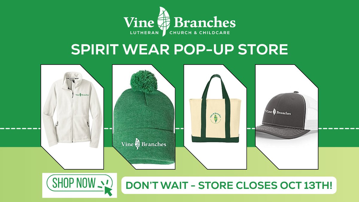 Vine_BranchesLC's tweet image. Check out our exclusive pop-up store! 🎉
Shop today and make a difference for Vine &amp;amp; Branches Lutheran Church &amp;amp; Childcare. A portion of each purchase is returned to us.
Hurry, the store closes on October 13th! 🛍️✨ vineandbranches.itemorder.com/shop/sale/
#vablc