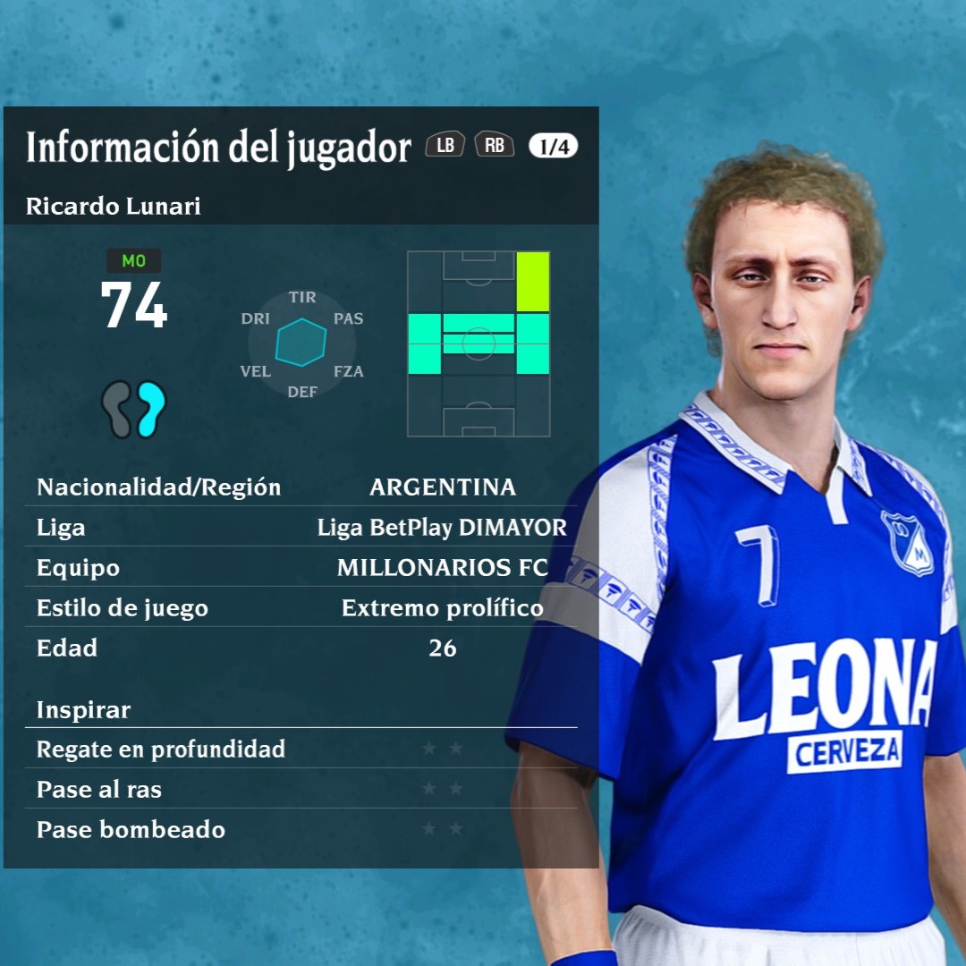 RetroVenFan's tweet image. Ricardo Lunari 🇦🇷
Millonarios 🇨🇴 90s  

solo para #eFootballPES2021 PC