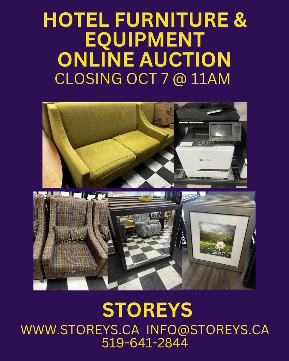 Hotel Furniture &amp; Equipment Online Auction

storeys.hibid.com/catalog/680054…

When: Tues Oct 7 @ 11am
Location: 570 Clarke Rd, London ON
Removal: One Day Only!
Wed October 8 from 9am - 5pm