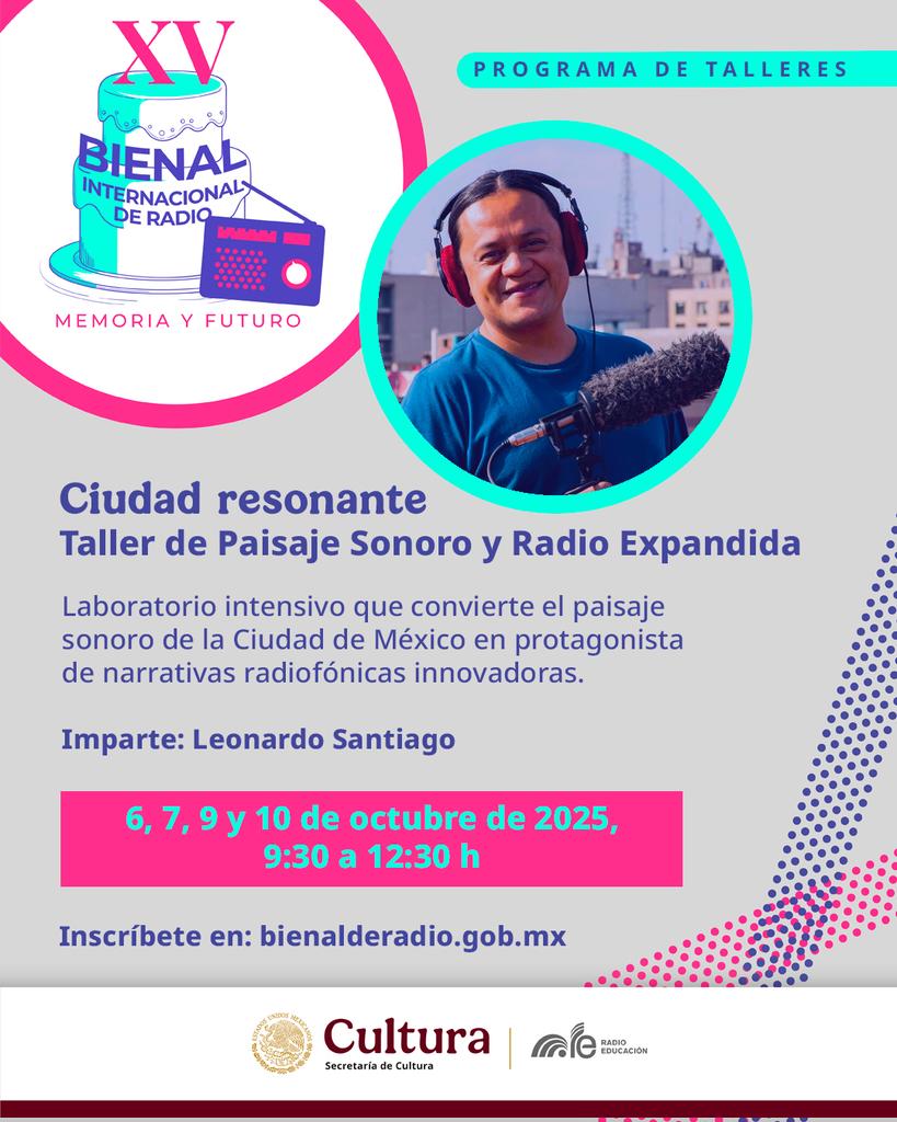 Inscríbete en #CiudadResonante 🏙📢 taller de paisaje sonoro y radio expandida 🎧

Únete a este laboratorio donde el paisaje sonoro de la #CDMX es el protagonista de la narrativa. Imparte el diseñador sonoro, Leonardo Santiago

📅6, 7, 9 y 10 oct, 9:30 h
💻bienalderadio.gob.mx/talleres