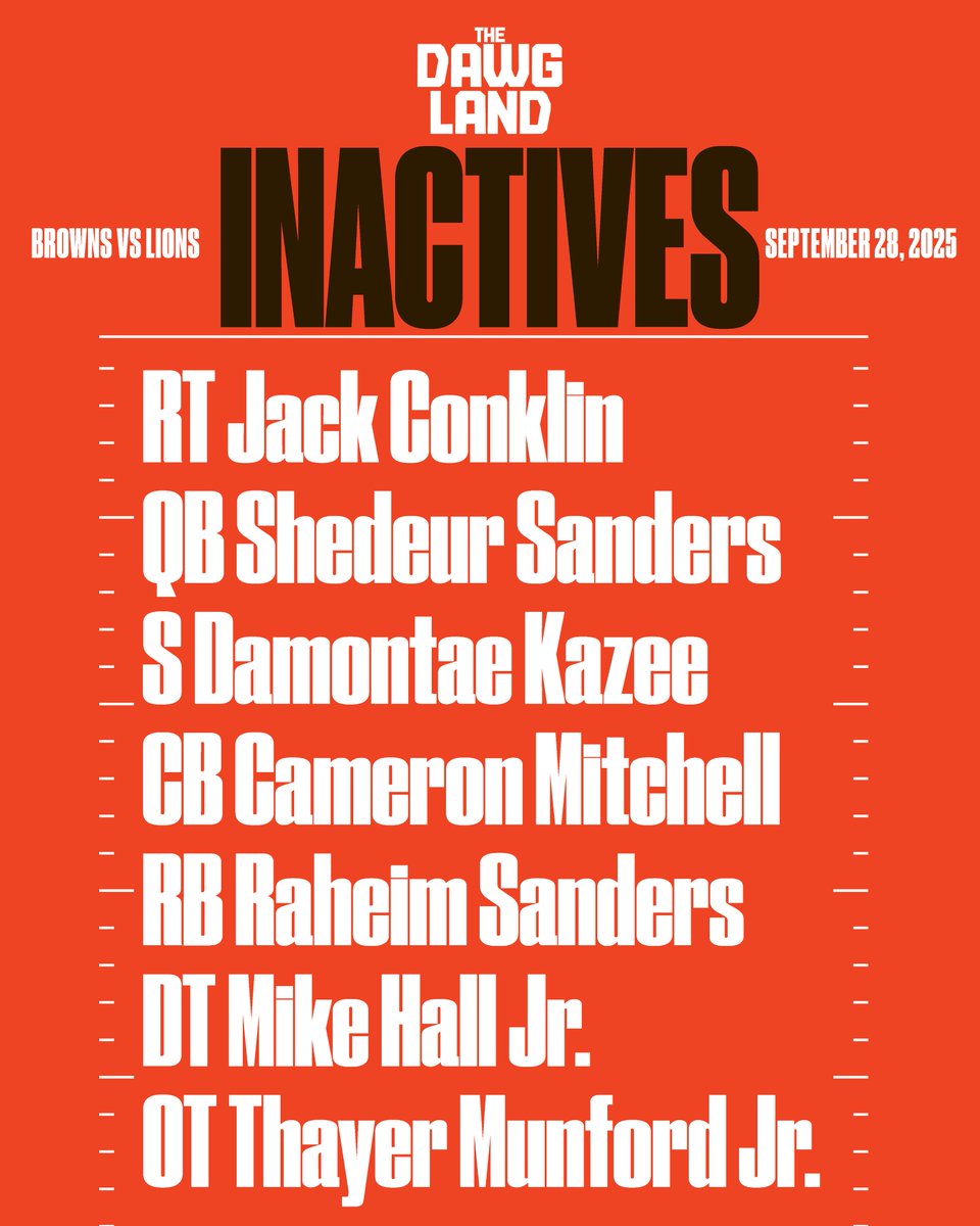 #Browns inactives vs Lions: 

Cornelius Lucas and KT Leveston will start at the tackle positions.

The Browns elevated CBs Tre Avery and Dom Jones from the practice squad for today's game.