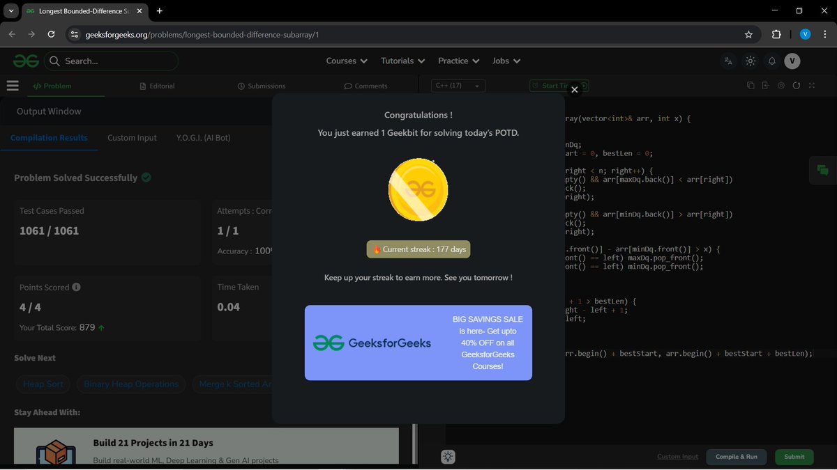 a_gupta30206's tweet photo. Hey BitBuddies 💻✨!!
Day 28 of my coding journey 🚀
🟢 LeetCode POTD:
"Largest Perimeter Triangle" 🔺📏
🟢 GFG POTD:
"Longest Bounded Difference Subarray" 📊
🟢 Coding Studio:
Solved a Ninja Problem 🥷✅
#100DaysOfCode #leetcode #geeksforgeeks #coding #codestudio https://t.co/UeiARNJSGo