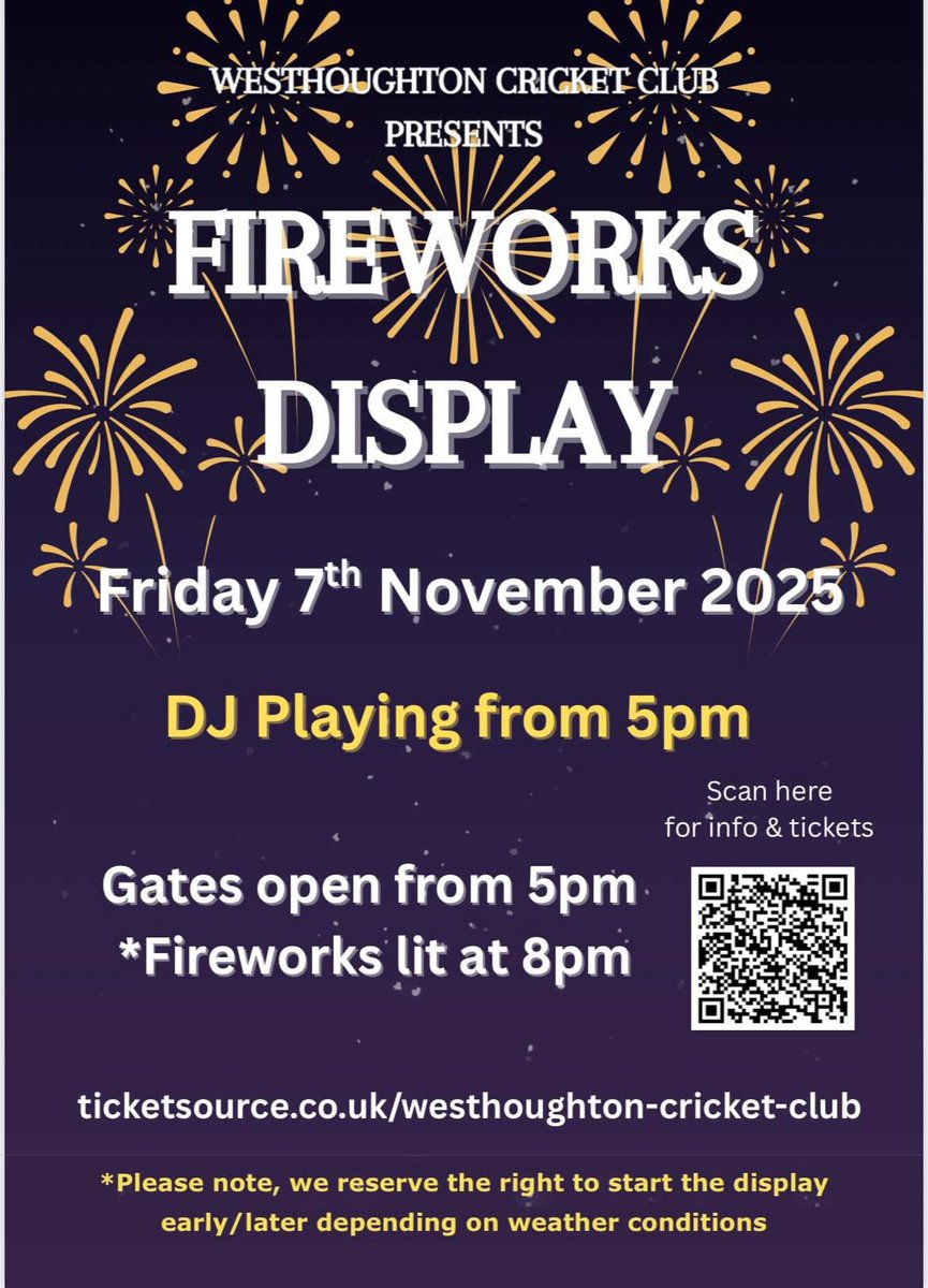 💥Simply the best firework display💥
We get bigger and better every year🎉

Tickets flying out👏 get yours now, with our early bird prices on the link below 👇 or scan the QR code.  Tickets also available to buy at the club. 

ticketsource.co.uk/westhoughton-c…
