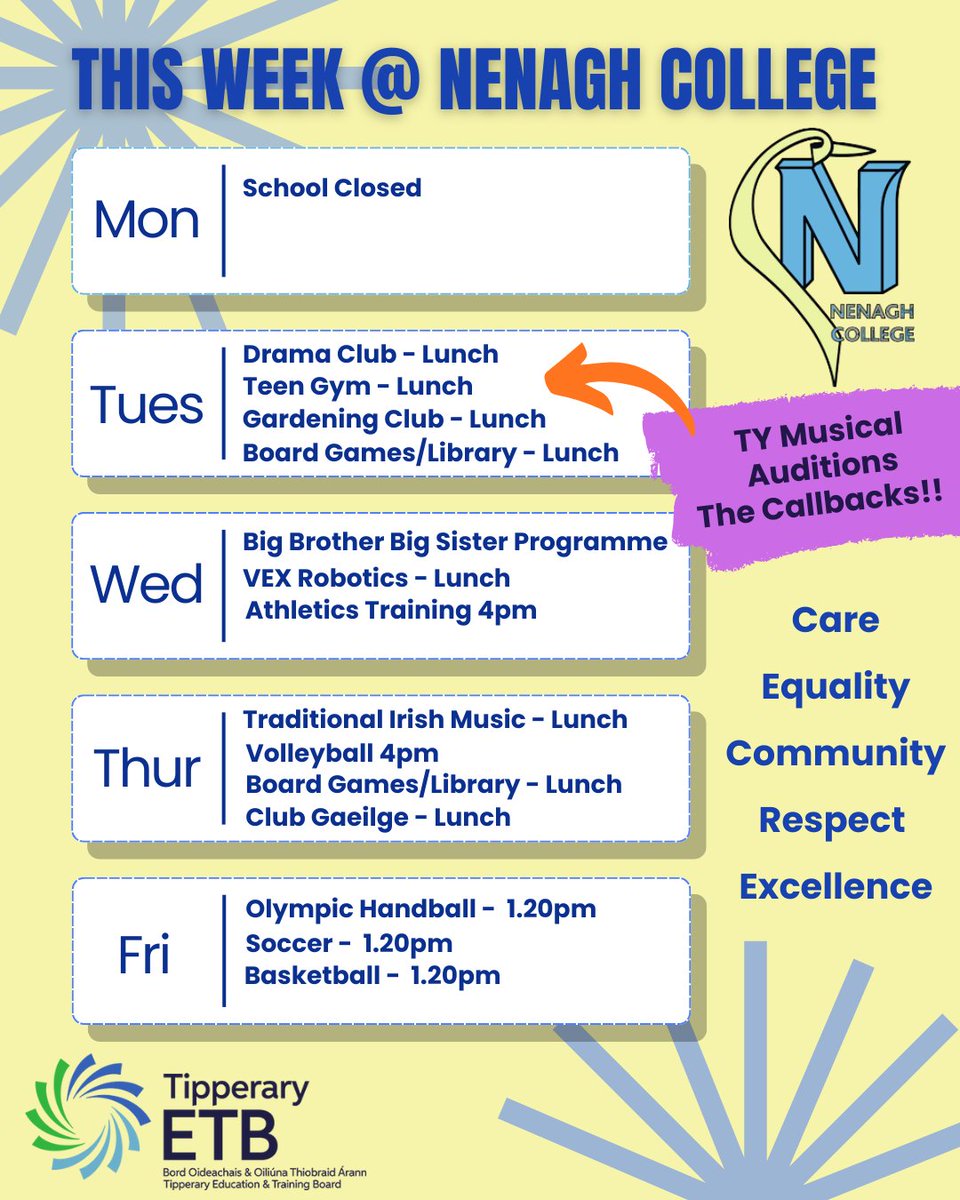 NenaghCollege's tweet image. This week @Nenagh College! Remember school is closed tomorrow, Monday, but we are back in action on Tuesday with a packed schedule of activities for all. @tipperaryetb #schoolsports #extracurricular #somethingforeveryone