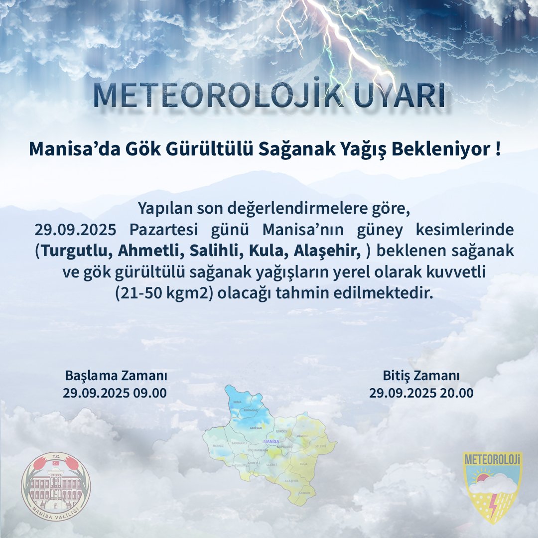 Manisa’nın güney kesimlerinde (Turgutlu, Ahmetli, Salihli, Kula, Alaşehir, ) sağanak ve gök gürültülü sağanak yağış bekleniyor‼️