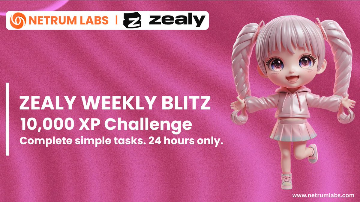 netrum_ai's tweet image. The Zealy Weekly Blitz is now live.
This isn't about farming or grinding, it's about arriving first and demonstrating your commitment when it counts.
You'll earn 10,000 XP by completing tasks within the deadline.
This round runs for 24 hours and ends the moment we…