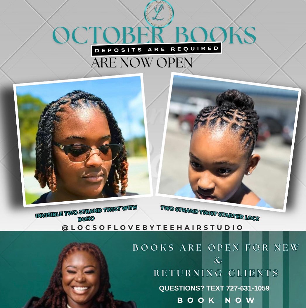 teemora_'s tweet image. 🚨 October Books OPEN! 🚨
New &amp;amp; returning clients 💛
⚠️ Not accepting new kid clients
💰 Deposit secures your spot
📩 DM/text (727) 631-1059 for pricing/questions
Can’t wait to see these styles this month! 💛
#LocsOfLoveByTee #TeeTheLocOdyssey #LocLife #StarterLocs #BookNow #fyp