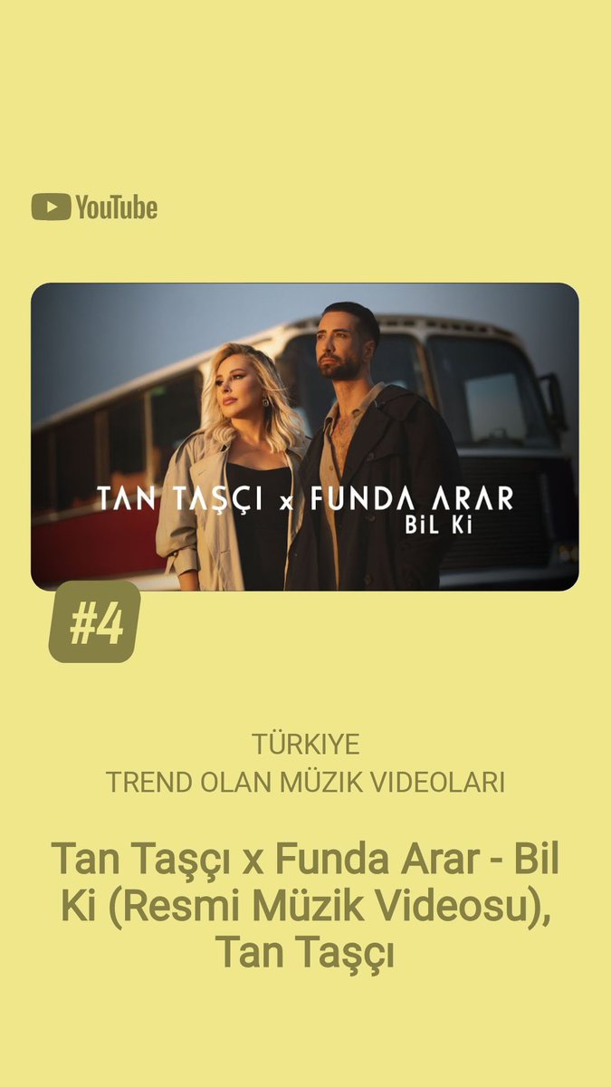 Yeni albümüm **“Sende De Benden Var”**ın şarkılarından, sevgili <a href="/fundaarar/">Funda Arar</a> ile düetimiz “Bil Ki” videosu YouTube Trendler’de #4!
Tüm dinleyicilerimize teşekkür ederiz. 🖤✨

👉 youtube.com/watch?v=weHhbn…