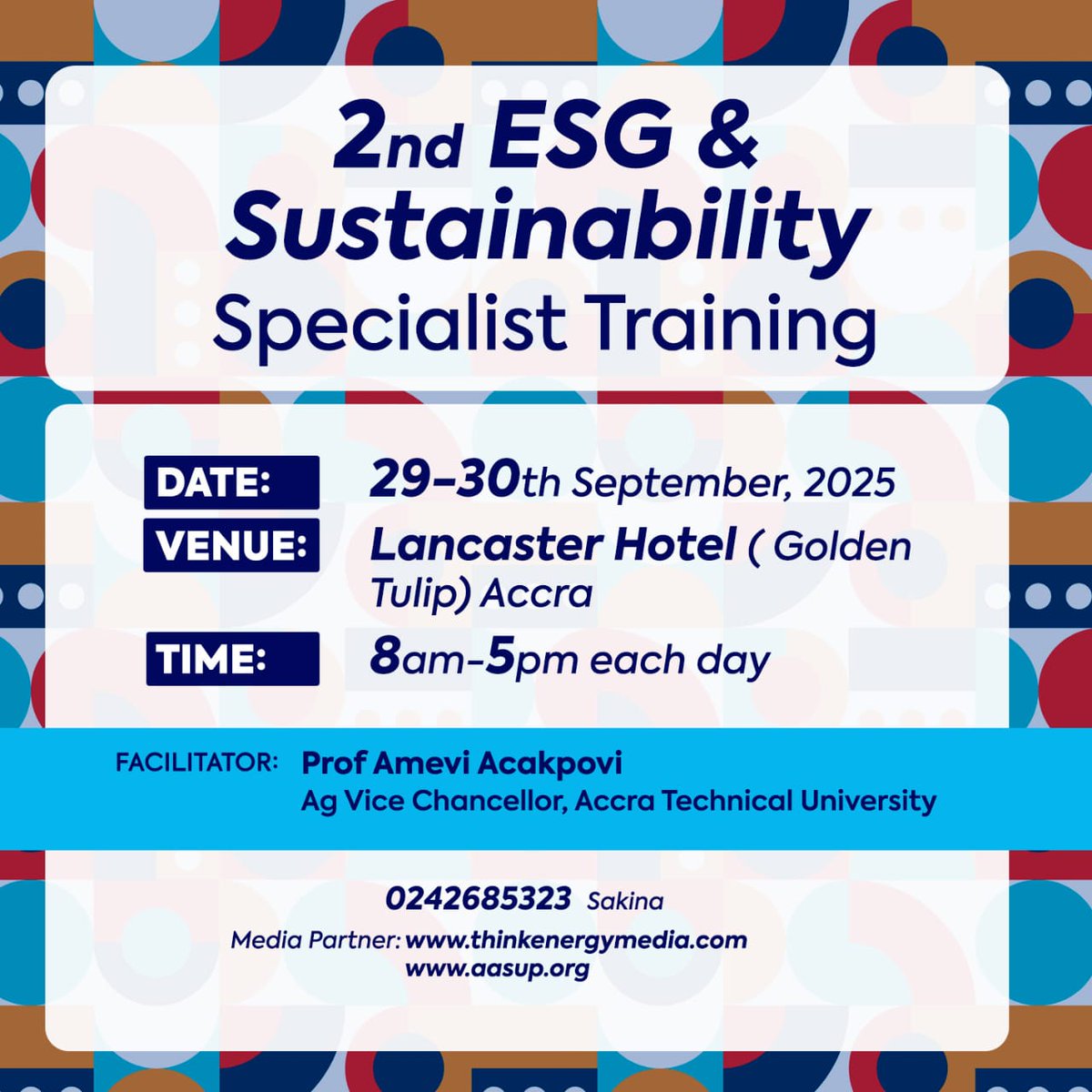 thinkenergym's tweet photo. Don't Wait! Register Now! 🚀

Join us for the 2nd ESG &amp; Sustainability Specialist Training on September 29-30, 2025, at the Lancaster Hotel (Golden Tulip) in Accra! 🌟

Learn from expert facilitator Prof Amevi Acakpovi
Network with industry professionals
Boost your ESG skills https://t.co/T0xkTnFMcu
