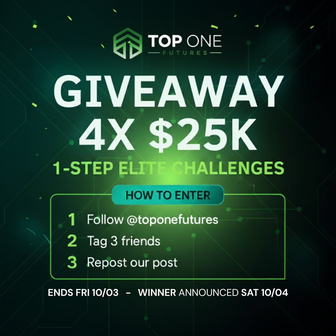 TopOneFutures's tweet image. GIVEAWAY ALERT 🚨

We’re giving away 4x $25K 1-Step Elite Challenges 🎯

Here’s how to enter:
1️⃣ Follow @toponefutures
2️⃣ Tag 3 friends 👥
3️⃣ Repost this post 🔁

✅ Ends Friday 10/03
🏆 Winners announced Saturday 10/04

Don’t miss your chance to get funded and start trading!…