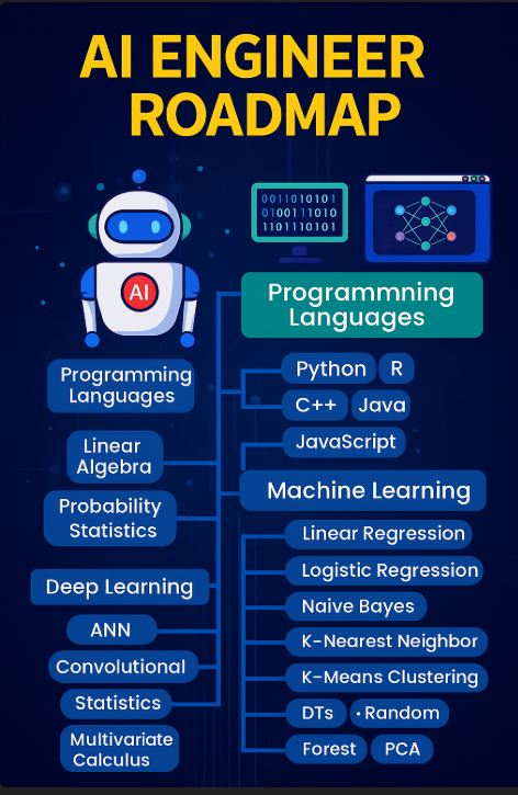 Coderhackedkd's tweet image. 🚀 Want to be an AI Engineer? AI isn’t magic – it’s Math + Logic + Code. 💡
Here’s a roadmap to guide you: Languages, Math, ML & DL. From chatbots 🤖 to self-driving cars 🚘—master this path & build the future! 🌍✨
#AI #MachineLearning #DeepLearning #AIEngineer #Python