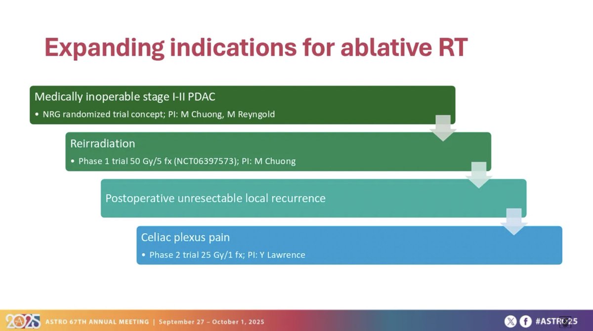 Thanks to <a href="/MikeChuongMD/">Michael Chuong</a> for a masterclass on ablative pancreas RT!

Agree we are just seeing tip of iceberg for settings where ablative RT can improve OS or QOL in pancreas cancer.

🤞 for additional studies assessing expanding indications as summarized below. #ASTRO25