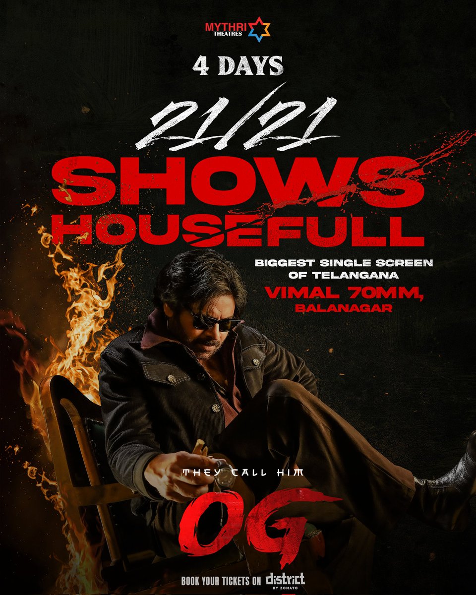 MASSive FIRESTORM 🔥 HOUSEFULL STREAK ⚡

#TheyCallHimOG storms Mythri Vimal 70 MM, Balanagar with 21/21 HOUSEFULL SHOWS for 4 consecutive Days 💥 

🎟️ linktr.ee/MythriVimal

#MythriTheatres #OG