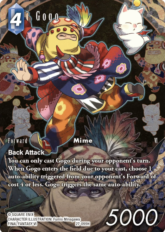 rulesprocessing's tweet photo. @FFTCG_SQEX Regarding Gogo (27-099H), how does it work with the following:
1. A conditional auto where the condition isn't met by Gogo's controller, such as Thaliak (26-108C)
2. Lightning (26-098L)'s auto, as Gogo's controller is the non-turn player.
1/3 https://t.co/LoQIHhrX12
