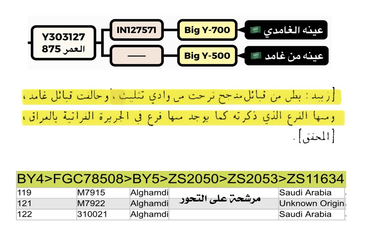 إضافة لما ذكره البلادي في بني منبه بطن من زبيد ، يتواجد معهم عينات من غامد أسفل التحور ZS11634  بعمر 1250 سنه الذي عجز البيشي يعلمنا من يمثل هذا التحور 

التفسير هم بقايا زبيد مذحج من اختلطوا بالمنتفق في الميثب 🤚🏻

ذكر ابن ألياس دخول زبيد مذحج في غامد