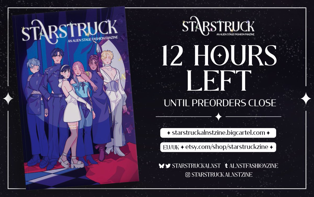 12 HOURS LEFT until preorders for STARSTRUCK - An Alien Stage Fashion Fanzine CLOSE! We have unlocked three out of four stretch goals and all physical orders come with a FREE Ivan sticker! Order before 11:59 PM EST

GLOBAL: starstruckalnstzine.bigcartel.com 
EU/UK: etsy.com/shop/Starstruc…