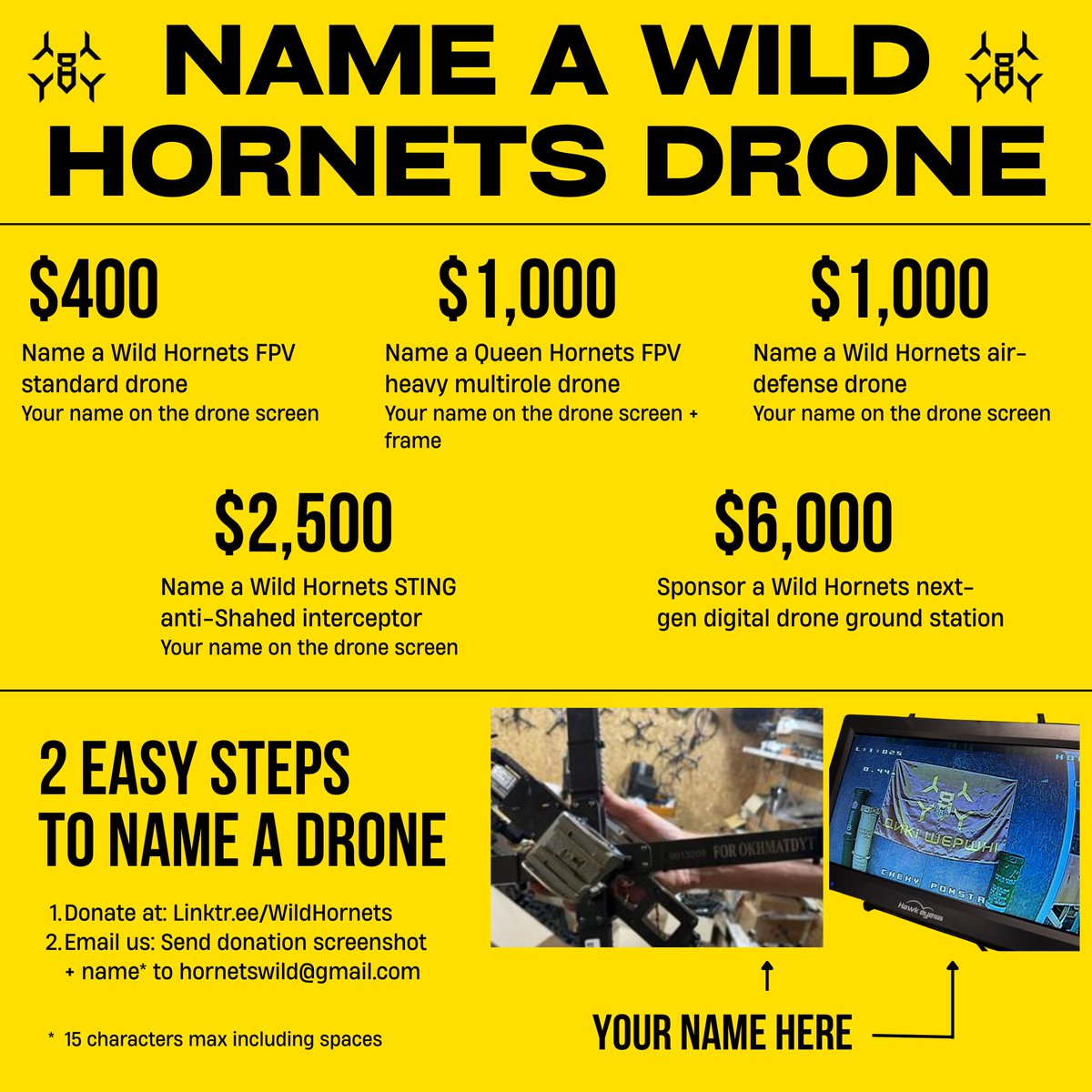 ArmedMaidan's tweet image. Help make history—name a Wild Hornets drone!🐝

Sponsor a drone (or next-gen ground station) for Ukrainian soldiers, while blasting your message into an invader (or 11)⤵️

Sincere thanks to a generous Ukrainian diaspora member in Toronto for the &quot;CANADA FIRES&quot; Queen Hornets drone