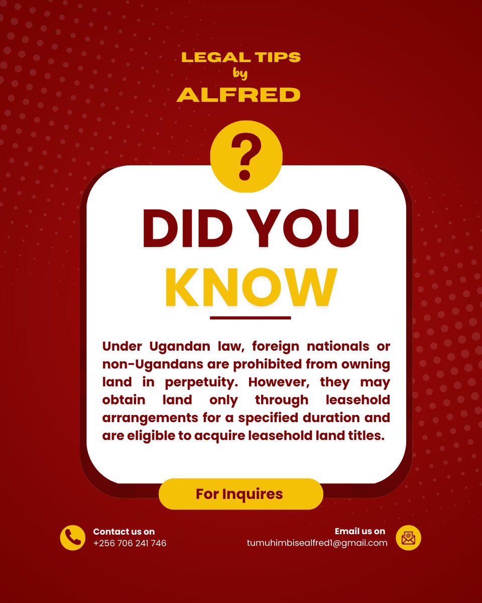 csl_Alfred's tweet image. A non-citizen is precluded from holding an interest in land in perpetuity. Instead,they may only acquire an interest in land through a leasehold tenure for a fixed and agreed-upon term. 
#lawyerlife #lawyer #legaltips #alfred