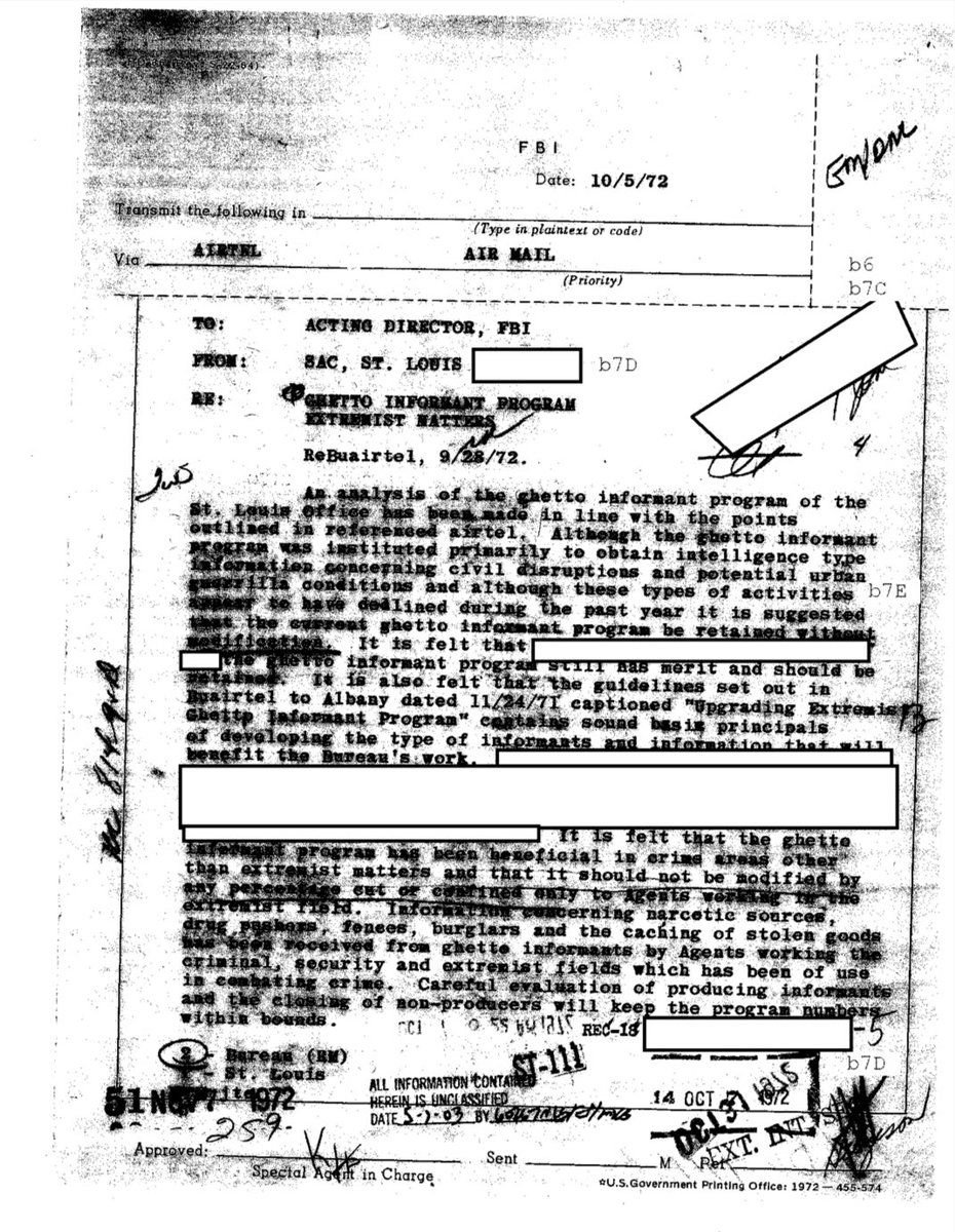 LeftSentThis's tweet photo. The Ghetto Informant Program: 

The Ghetto Informant Program (GIP), *was* a vast surveillance initiative designed to penetrate Black communities during the late 1960s and early 1970s. The Church Committee Staff Report noted, “Perhaps one of the largest programs was the so-called ghetto informant program.” The numbers alone underscore the scale of state intrusion: “In August 1968, we had 3,248 racial ghetto-type informants… By October we were at 6,000. It reached its peak in 1972 with 7,500 ghetto informants.”
https://t.co/BQ6DyoUZMD
