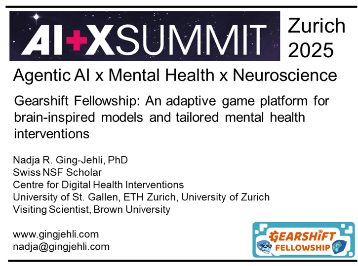 Heading to #AIplusX2025 in Zurich! 🚀
My focus: agentic AI × neuroscience x mental health.
I’m building Gearshift Fellowship: an adaptive game platform to study adaptability + digital mental health. Let’s connect!
#AgenticAI #AIforHealth #Neuro #AIXSUMMIT
