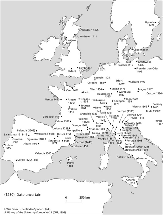 Un mapa de las universidades medievales y su fecha de fundación.