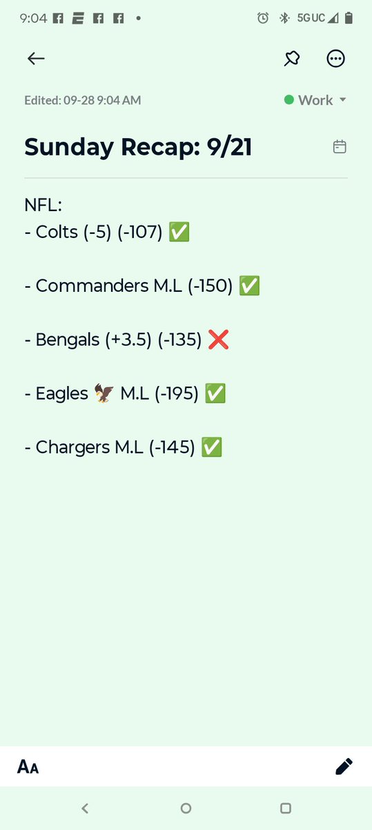 ✅ Sunday Recap – Sept 21 (NFL)
Colts -5 (-107) ✅
Commanders ML (-150) ✅
Bengals +3.5 (-135) ❌
Eagles 🦅 ML (-195) ✅
Chargers ML (-145) ✅
Strong day on the gridiron 🔥💰
•
•
•
 #NFL #SportsBetting #GamblingTwitter #NFLPicks #SportsPicks #PicksLaurent