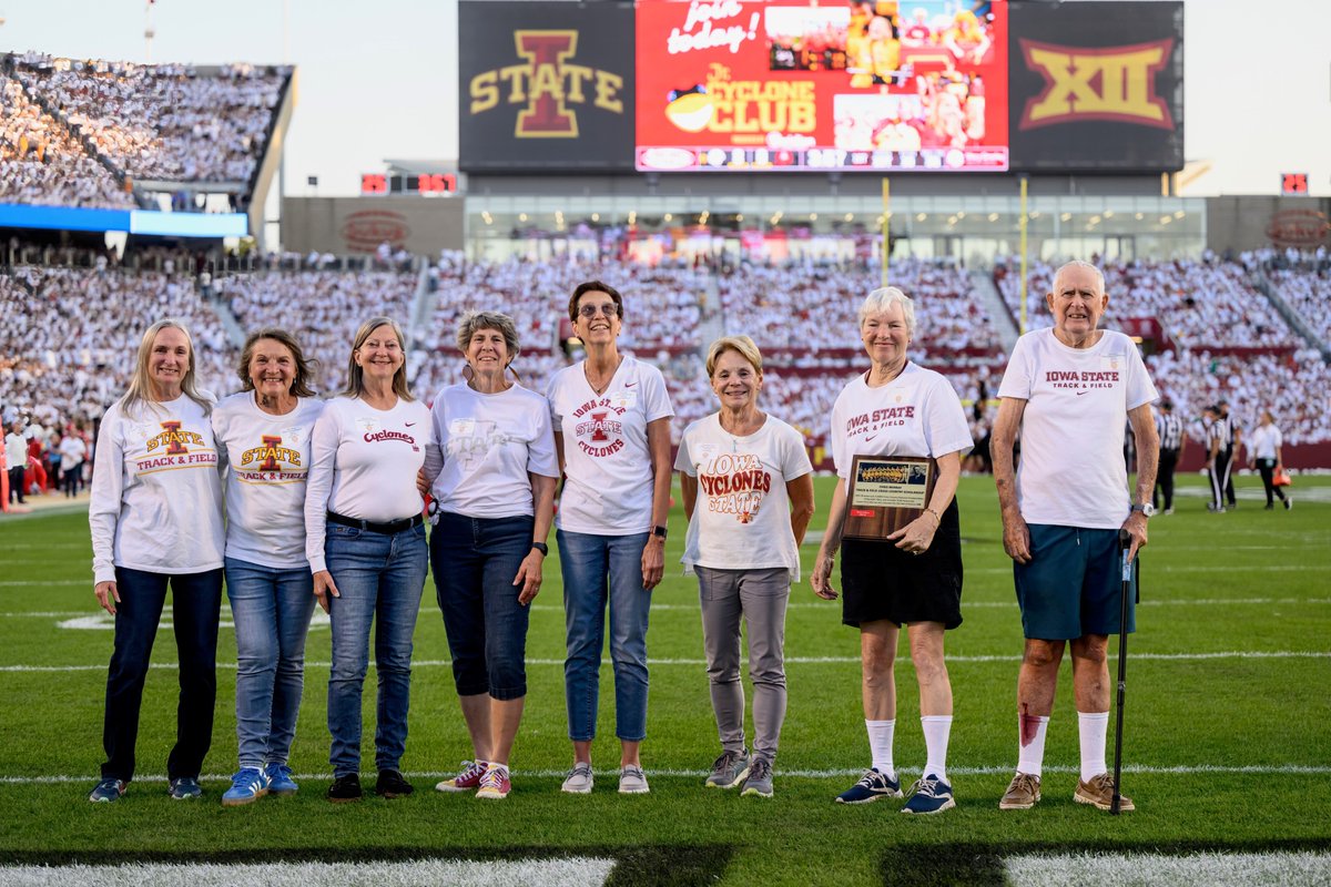 50 years ago, this team won Iowa State's first national championship in a women's sport (1975 AIAW Cross Country). So awesome to have Coach Murray and his athletes back in Ames yesterday! #OnceACycloneAlwaysACyclone