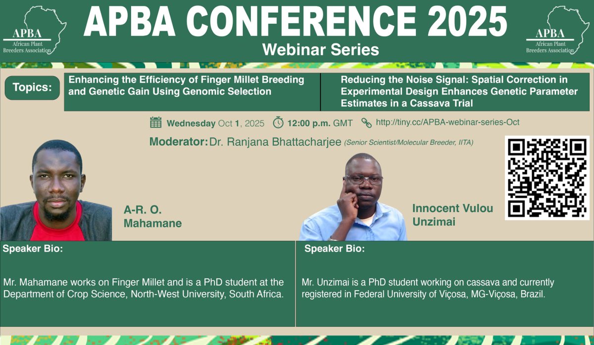 Join the APBA Webinar Series this October as brilliant young scientists share innovations in finger millet breeding and improving cassava trials with advanced experimental design.

Date : October  1, 2025,

Time : 12:00 p.m. GMT

 Register: bit.ly/4gR0ZyM