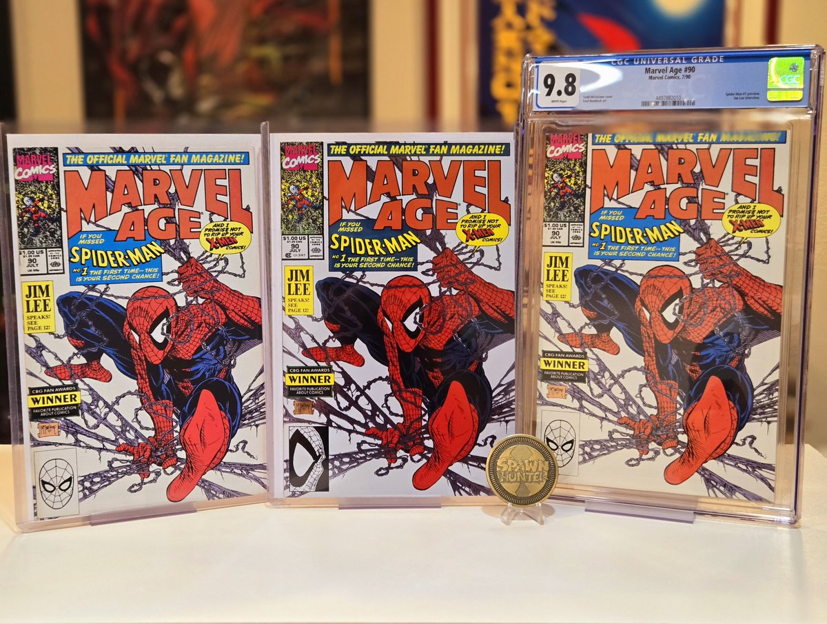 TheSpawnHunter's tweet image. Adding the Panini foil version to my Marvel Age 90 tribute collection! Great looking set. #SpawnHunter #SpawnHunterCollection #Marvel #SpiderMan #Panini #Foil #Comics #cgc98