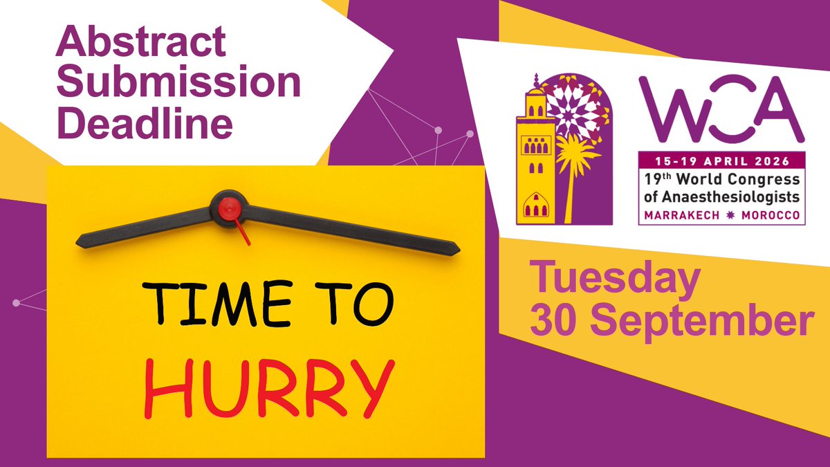 wfsawca's tweet image. 2 days left!

Submit your abstract for #WCA2026 by Tuesday 30 September (23:59 GMT+1).

🏆 Prizes up to USD $1,000
📖 Published in Anaesthesia &amp;amp; Analgesia

📌 wcacongress.org/abstracts/

#AbstractDeadline #Anaesthesia