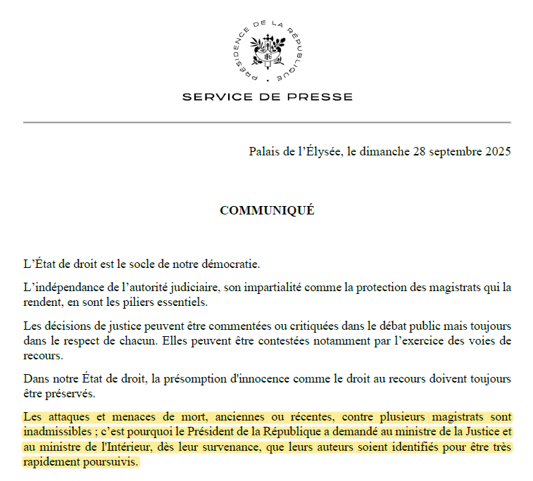 ⚖️ Réaction officielle assez exceptionnelle de l’Élysée, pour dénoncer des "attaques et menaces de mort inadmissibles" contre des magistrats (qu'elles soient "anciennes ou récentes") et exiger "que leurs auteurs soient identifiés pour être très rapidement poursuivis". #Sarkozy