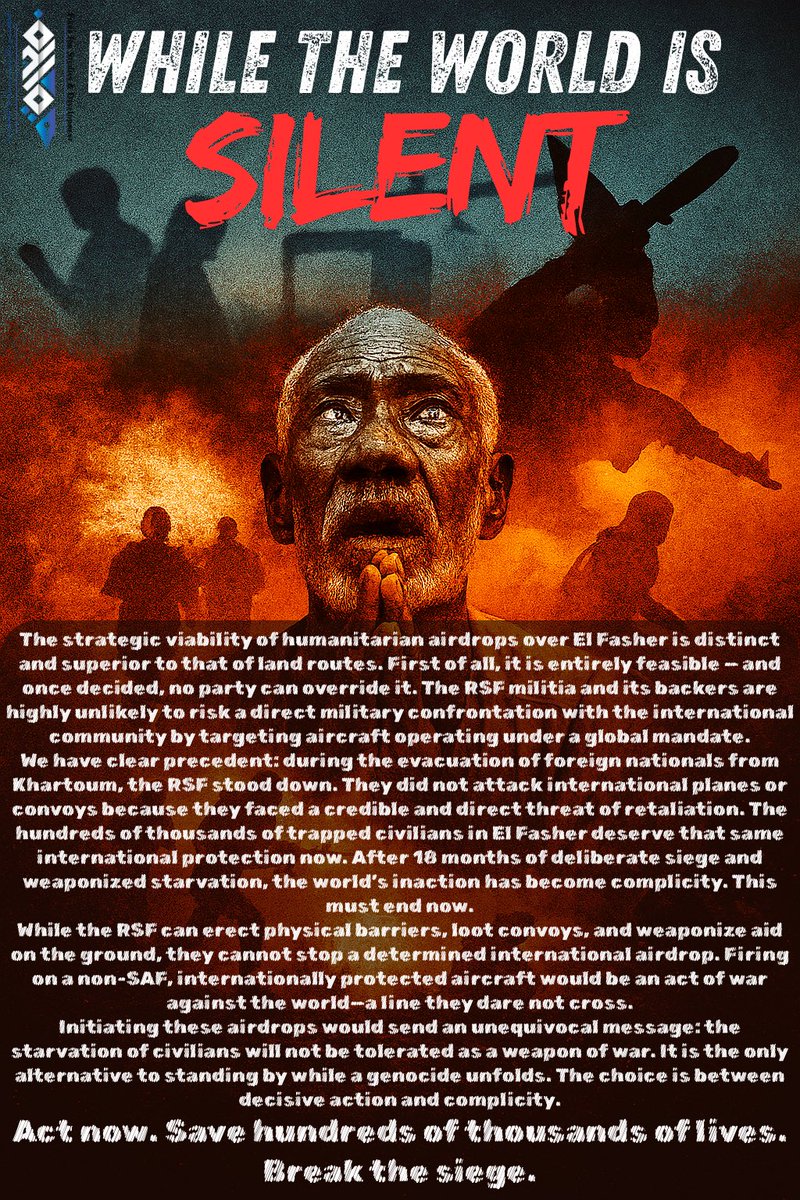 #KeepEyesOnSudan
Aid Airdrops to the besieged ElFasher are feasible &amp; once authorized cannot be vetoed by local spoilers. RSF stood down before when international aircrafts were evacuating foreigners from Khartoum.
ElFasher citizens deserve the same care. Inaction is complicity.