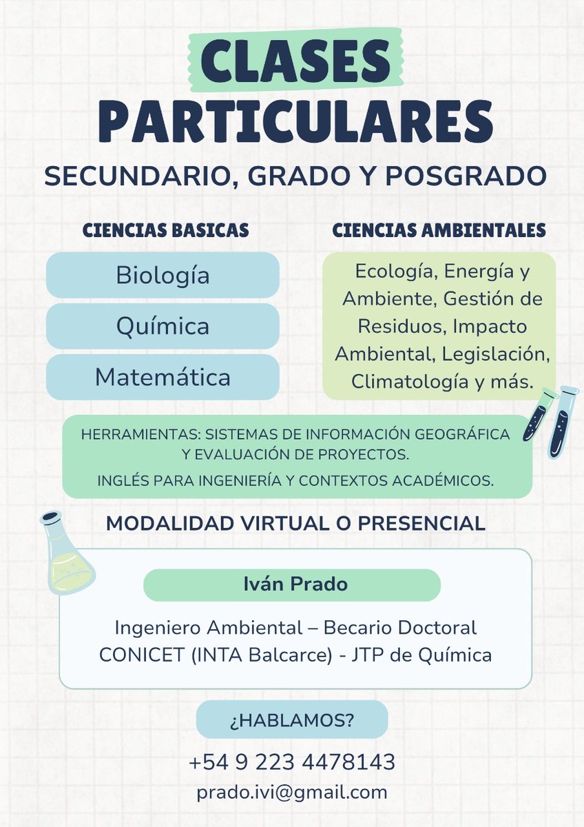 ivi_94's tweet photo. ¿Necesitás ayuda con materias de secundaria, universidad o posgrado? 🧑‍🏫🧑‍🔬

Te acompaño con clases personalizadas en ciencias básicas, ambientales y herramientas técnicas. 📝📊📚

📍 Modalidad virtual o presencial desde y en Mar del Plata. 💻🧑‍💼

Se agradece difusión 📢🔊 https://t.co/XlJ4JZyOP8