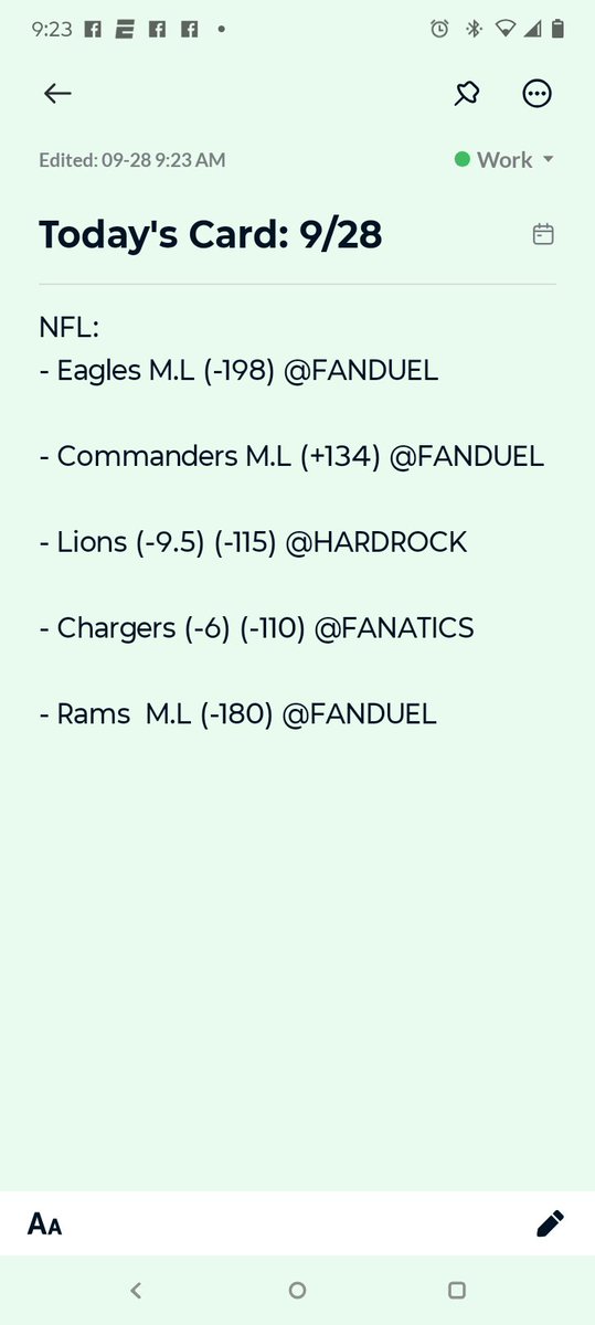 📋 Today’s NFL Card – Sunday 9/28
Eagles ML (-198) @FANDUEL
Commanders ML (+134) @FANDUEL
Lions -9.5 (-115) @HARDROCK
Chargers -6 (-110) @FANATICS
Rams ML (-180) @FANDUEL

Let’s cash in on this Sunday slate 💰🔥
•
•
•
#NFL #NFLPicks #GamblingTwitter #SportsBetting