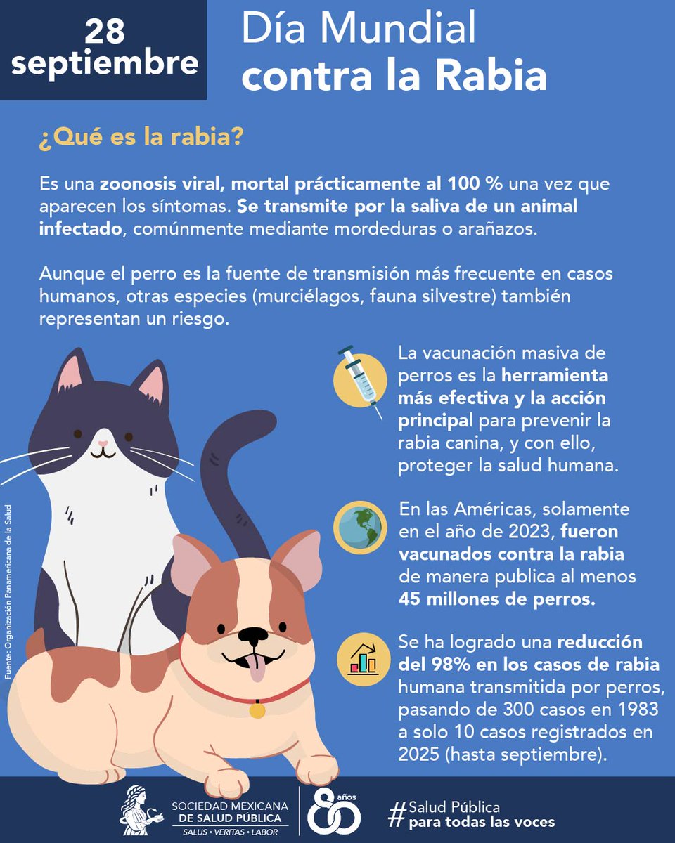 🐶🛡 La rabia se puede prevenir, pero no se puede curar.
Una vez que aparecen los síntomas, es mortal prácticamente al 100 %.

Este 28 de septiembre, sumémonos al Día Mundial contra la Rabia bajo el lema:

👉 “Actúa ahora: tú, yo y la comunidad”