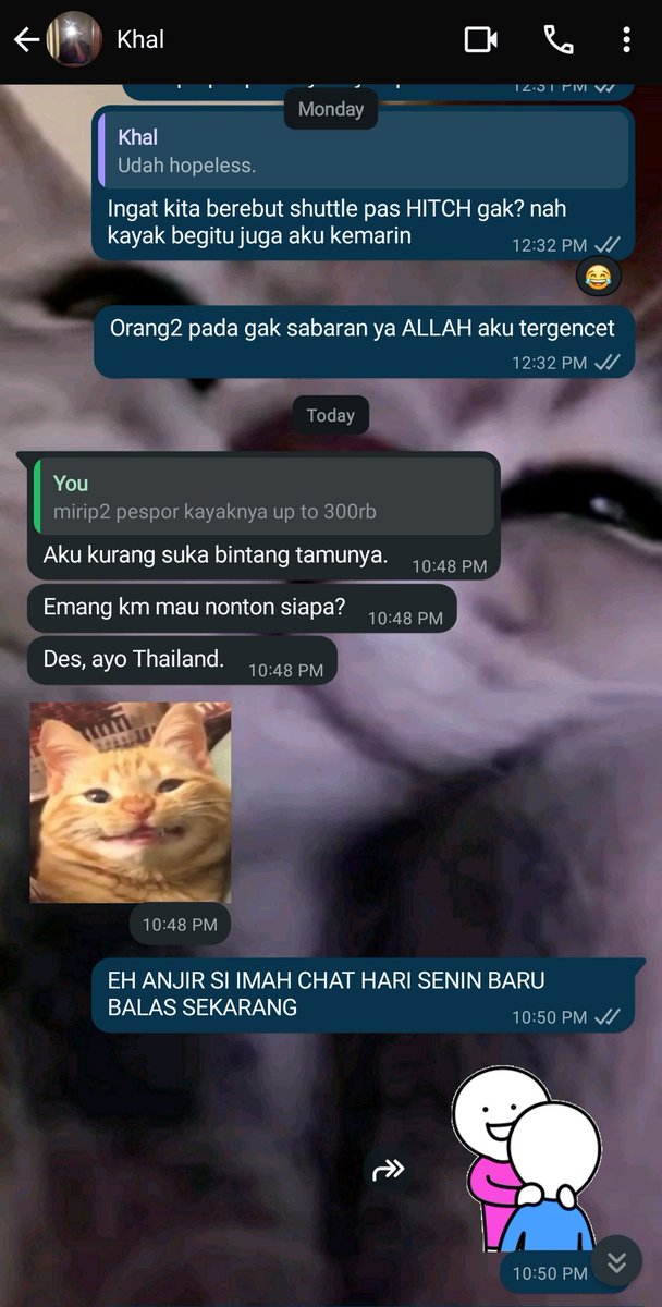 Chat hari senin baru dibalas sekarang, trus tiba-tiba Thailand. Memang manusia langka. Aku aja udh lupa tuh ada chattingan sama dia.