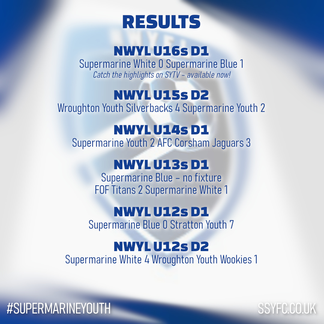 RESULTS | Well done to everyone out there today - from everyone who tried their best to all those who went along to support - you're all very much part of our family - have a great evening and we'll see you back at training 👏

#SupermarineYouth | ssyfc.co.uk