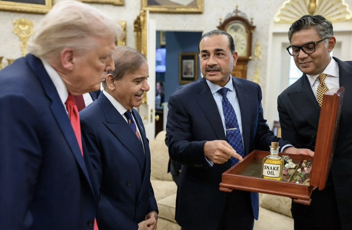 A new picture emerges of Pakistan’s supreme leader, Asim Munir, showing Donald Trump Pakistan’s finest snake oil.

The White House, in rare wisdom, chose not to release a photo or a statement. Perhaps it is still recovering from the sales pitch.